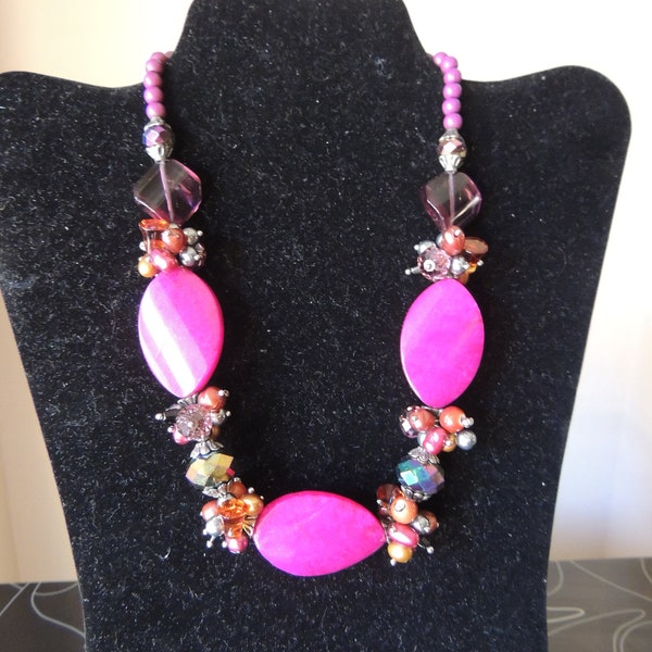 Fuchsia Chalcedony Statement Necklace. Glass and Semi-Precious Hot Pink Stone