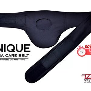 May include: Black stoma care belt with a large opening in the front. The belt is made of a soft, comfortable material and is designed to help secure a stoma bag. The text "UNIQUE STOMA CARE BELT GO ANYWHERE DO ANYTHING" is printed on the belt. The text "60% OFF!!! LIMITED OFFER" is printed on a red and white circle with a clock icon. The text "FAST DELIVERY" is printed on a white rectangle with a red border and a truck icon.