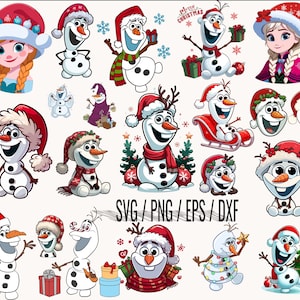 May include: A collection of colorful cartoon images featuring Olaf and Elsa from the movie Frozen. The images include various poses and expressions, with some holding Christmas-themed items like presents and candy canes. The text "SVG/PNG/EPS/DXF" is displayed at the bottom of the image.