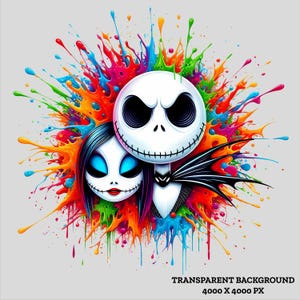 Jack and Sally Splash and Watercolor Digital design PNG file for sublimation - High Resolution -Instant Digital PNG Download !!