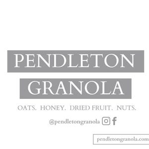 May include: A logo for Pendleton Granola, a brand of granola made with oats, honey, dried fruit, and nuts. The logo is in a gray box with white text. The text says "Pendleton Granola" and below it says "Oats. Honey. Dried Fruit. Nuts." Below that is the brand's social media handle and website address.