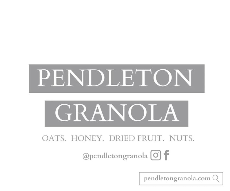 May include: A logo for Pendleton Granola, a brand of granola made with oats, honey, dried fruit, and nuts. The logo is in a gray box with white text. The text says "Pendleton Granola" and below it says "Oats. Honey. Dried Fruit. Nuts." Below that is the brand's social media handle and website address.