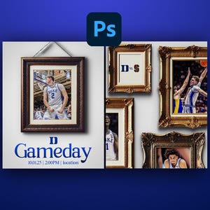 May include: A collage of framed basketball action shots and a "Gameday" graphic. The frames vary in style, with a dark brown frame on the left and ornate gold frames on the right. The graphic includes the text "Gameday" and the date and time.