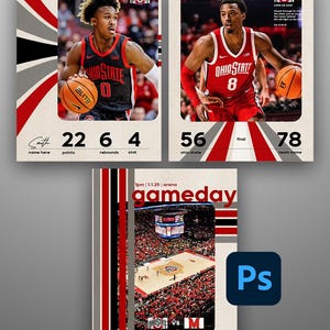 Könnte beinhalten: Ein Basketball-Spieltag-Poster mit einem rot-weiß-grauen Farbschema. Das Poster zeigt einen Basketballspieler in einem rot-weißen Trikot mit dem Text "Ohio State" auf der Vorderseite. Das Poster enthält auch den Text "gameday" und den Spielstand, der 56 zu 78 beträgt. Das Poster ist im Retro-Stil gestaltet.