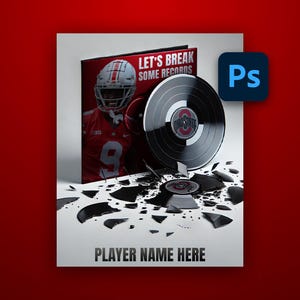 May include: A red and black vinyl record with the words "Let's Break Some Records" and a football player wearing a red and white jersey. The record is broken into pieces and the player's jersey is visible in the background. The text "PLAYER NAME HERE" is at the bottom of the image.