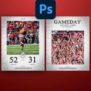 以下が含まれることがあります： 2つの画像のコラージュ。左の画像は、緑のサッカー場で走っている赤いユニフォームを着たマスコット。スコアは52対31。右の画像は、赤い服を着た人々がサッカーの試合で応援している様子。画像の上部に「GAMEDAY」というテキストがあり、その下に「LOCATION | 3:00PM OSU VS MICHIGAN」というテキストがあります。