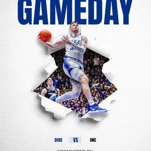 May include: A basketball player wearing a blue and white jersey with the word "Duke" on it jumps in the air to shoot a basketball. The background shows a crowd of people watching the game. The text "Duke vs UNC" and "Sponsored by: LOGO HERE" is at the bottom of the image.