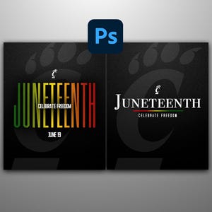 May include: A black and white graphic design with the text "Juneteenth" in a rainbow color scheme. The text "Celebrate Freedom" is below the word "Juneteenth" and the text "June 19" is below that.
