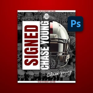 May include: A black and white poster with a red and white football helmet and the text "SIGNED CHASE YOUNG" in large white letters. The poster also features a photo of a young man in a football uniform and the text "Chase Young" in a smaller font.