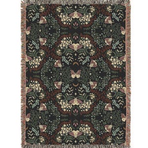 Enchanted Moth Garden Woven Cotton Throw Blanket - Botanical Celestial Design with Fringe