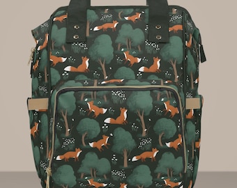 Woodland Fox Diaper Backpack – Forest Pattern Multifunctional Bag for Parents