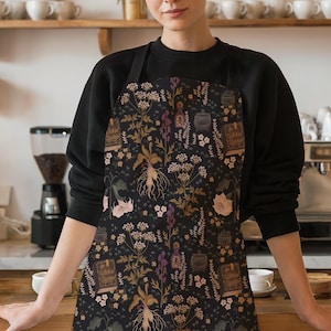 The Witches Garden patterned polyester canvas Apron (medium sized pattern) - Gift for Witchy Gardener, gift-for-gothic