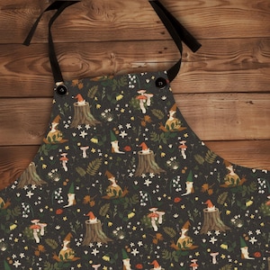 A Gnome to Remember pattern apron,  Earthy Designer Pattern Kitchen Cooking Gardening Gift, Summer and Fall colors