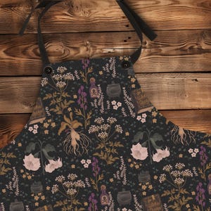 The Witches Garden Apron, Modern witch designer pattern, Kitchen Apron Gift, Halloween Apron, Witchy apron, Gardener Apron, gift-for-gothic