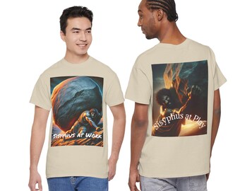 Sisyphus aan het werk en aan het spelen T-shirt, T-shirt met Griekse mythologie, T-shirt met absurdistische filosofie, Motiverend stoïcijns T-shirt, Existentiële cadeau