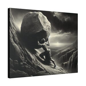 Sisyphus & The Stone Canvas, Never Give Up, Ancient Art, Greek Mythology Decor Punishment Perseverance Theme, Office Decor, Absurdity Art.