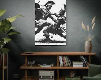 Greek Warrior Canvas Print: Clash of Spartans - Home Decor Wall Art, Greeks Fighting Each Other,  Black and White Decor, Ancient Warrior Art