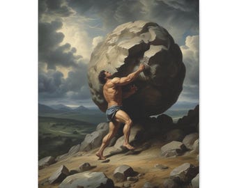 Sisyphus Canvas Wall Art | Albert Camus Inspired Existential Decor | Greek Mythology Gift for Home or Office, Sisyphus and His Stone