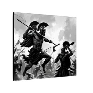 May include: Black and white artwork depicting a battle scene with two warriors in the foreground. One warrior is leaping with a spear, the other is raising an axe. The background shows a crowd of soldiers and flags.