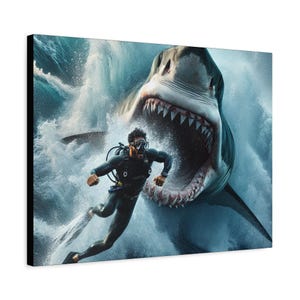 Danger at the Waters Deep End, Unique Keinedime Rendering Ocean Wall Art,Sharks, Underwater Scene Decor, Nautical Poster, Sea Theme Painting