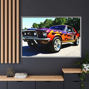 Impresión en lienzo, Mustang vintage en todo su esplendor, decoración de pared, póster de coche clásico, imagen de Mustang retro, decoración de pared de garaje