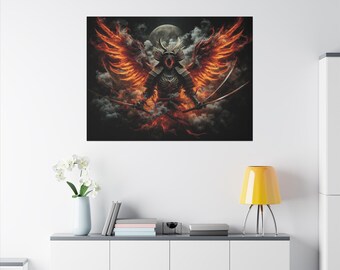 Samurai Phoenix Canvas Wall Art, Dark Fantasy Demon Warrior Print, Fiery Phoenix Wings Japanese Katana Decor, Gift for Him, Mancave Art