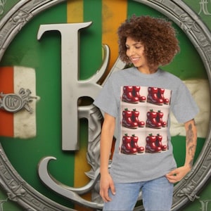 Retro Red Sneakers Heavy Cotton Tee - Street Style Unisex Shirt, Grid Design,  Sleek Ruby Red Boots, Unique Keinedime Rendering,  Trendy Top