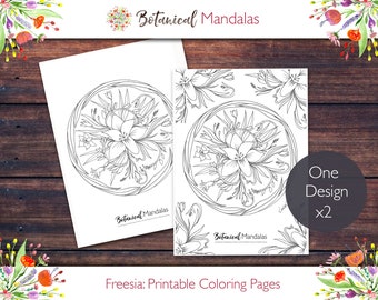 Printable FREESIA FLOWER MANDALA Botanical Mandala Coloring Pages