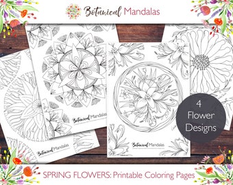 Printable Spring Flowers Botanical Mandalas Coloring Pages bundle (includes FREE Coloring videos)