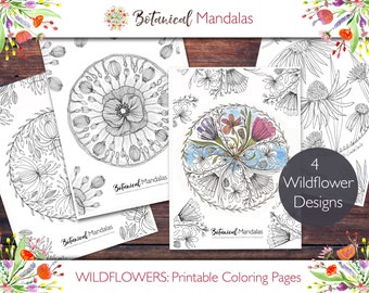 Printable Wildflower #1 Botanical Mandalas Coloring Pages bundle (includes FREE Coloring videos)
