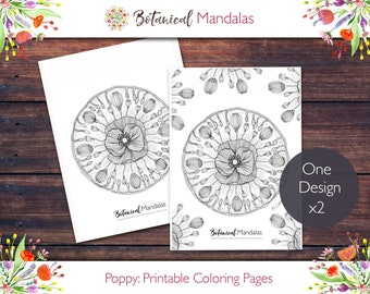 Printable POPPY FLOWER MANDALA Botanical Mandala Coloring Pages