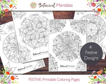 Printable Festive Botanical Mandalas Coloring Pages bundle (includes FREE Coloring videos)