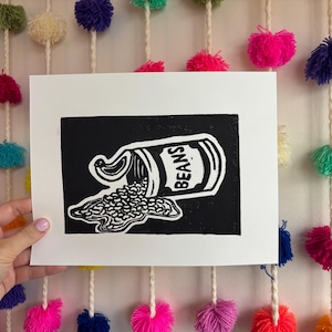Spill the Beans | Hand-Carved Linocut | Original Block Print | 8.5x11&quot;