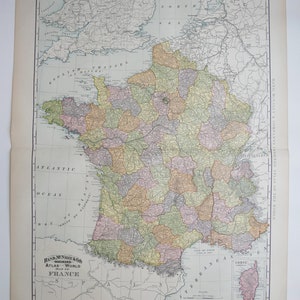 1892 Large Map of France, Original Antique Rand McNally France Map, Vintage French Decor