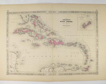 Antique Map West Indies 1864 Johnson Map, Caribbean Virgin Islands, Wedding Gift for Couple, Vintage Art Map Cuba Gift Dominica Island Decor