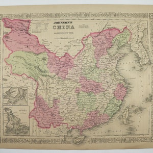 Original Antique China Map 1867 Johnson Map of China, 1st Anniversary Gift for Couple, Unique Birthday Gift for Father, Asian Vintage Decor