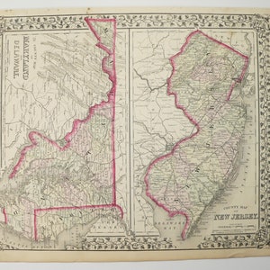 May include: An antique map of Delaware and New Jersey, showing county boundaries and major cities. The map is printed in black and white with red highlights. The title "COUNTY MAP OF NEW JERSEY" is printed in the lower right corner.