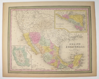 1852 Mitchell Map of Mexico and Guatemala , Cowperthwait Map, Original Antique Map with Hand Color