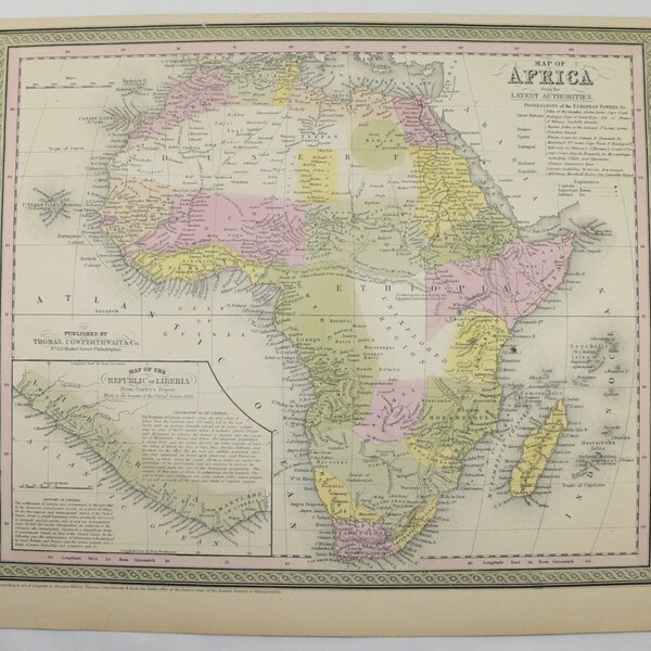 Antique Africa Map, Ethiopia, Soudan, 1855 Mitchell Atlas