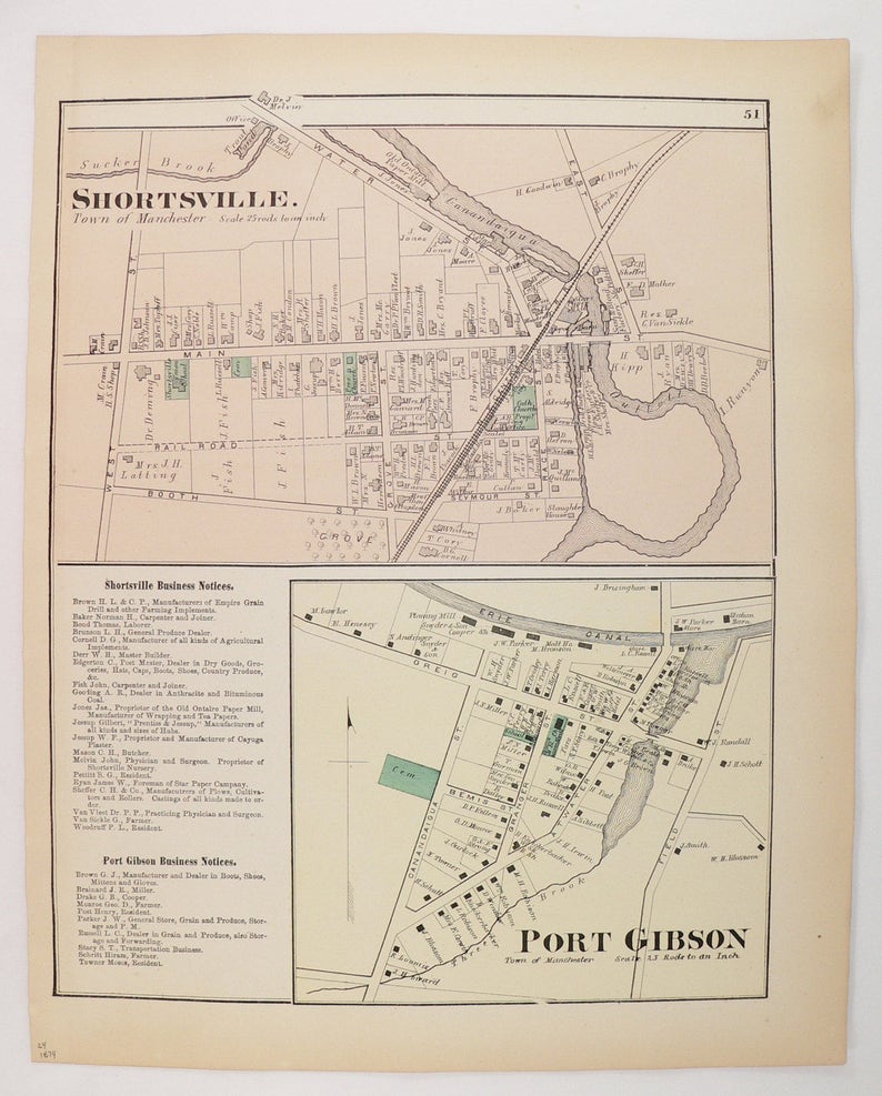 1874 Vintage Shortsville NY Map Port Gibson NY Handcolored Etsy
