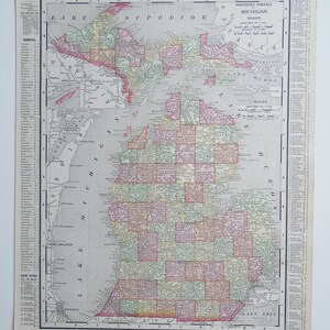 1899 Rand McNally Michigan Map, Upper Peninsula, Detroit MI Map, Great Lakes Decor