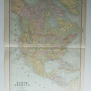 1889 Antique North America Map, United States, Canada, Mexico, Central America and Caribbean West Indies, Original Vintage Map