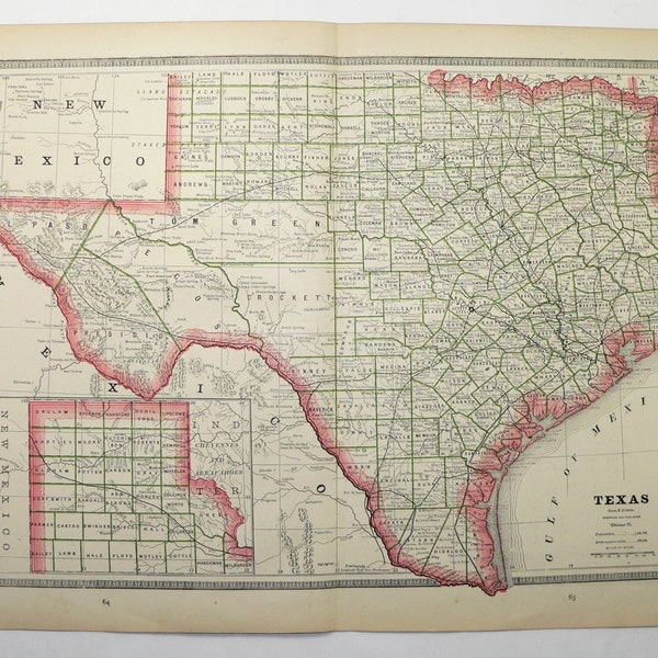 1884 Antique Map of Texas, Indian Territory and Colorado, Original Vintage George Cram Atlas Map