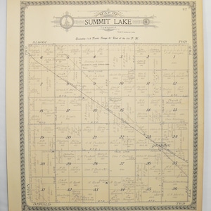May include: A vintage map of Summit Lake Township, showing property boundaries and owners' names. The map is divided into sections numbered 1 through 36, with each section containing information about the property owner, acreage, and road access. The map is printed on aged paper with a decorative border.