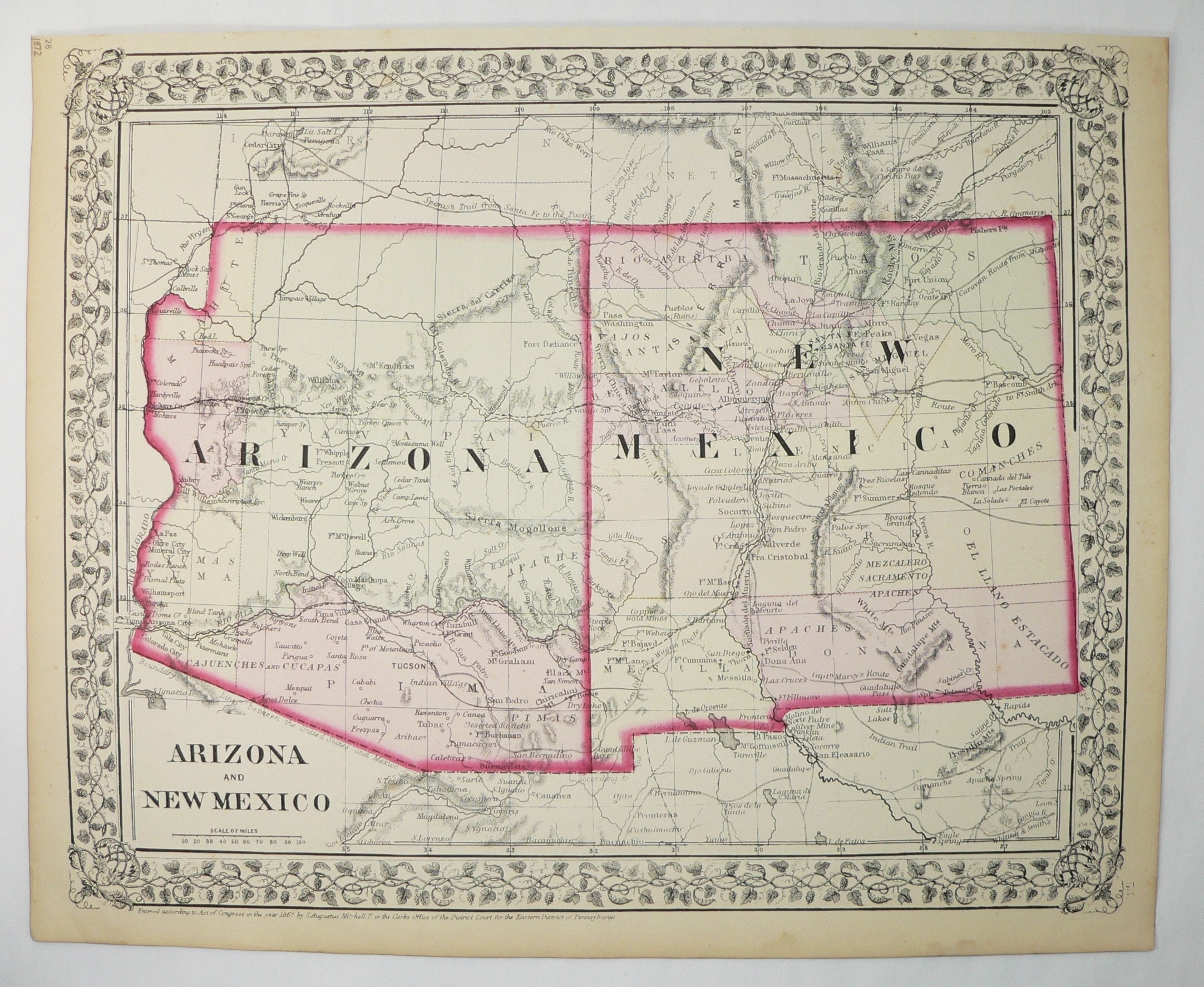 Arizona New Mexico Map Real 1872 Mitchell Arizona Map New Mexico Map Az Map Nm | Etsy Australia