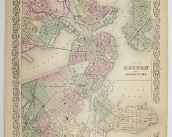 1881 Colton Boston Map, City Street Map, Original Vintage Map Boston MA, Unique Boston Gift for Couple, Housewarming Gift Antique Boston Map