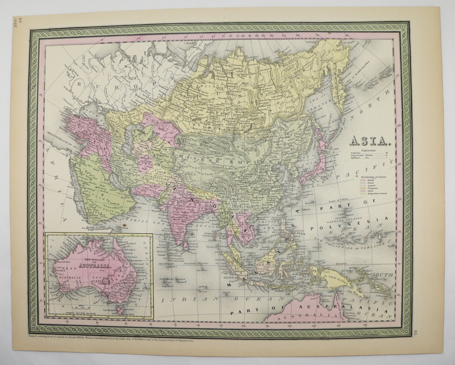 1800s Asia Map of Middle East China Map India Malaysia 1855 Alternate View