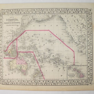 May include: A vintage map of Oceania, showing various divisions and island groups. The map is printed in black and white with a pink border highlighting the islands. The map includes text labels for various locations, including Australia, New Zealand, and the Sandwich Islands.