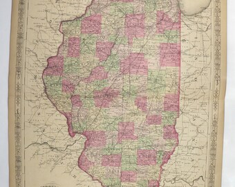 May include: An antique map of Illinois, printed in black and white with colored borders for each county. The map shows the state's counties, rivers, and major cities. The title "Johnson's Illinois" is printed at the bottom of the map.