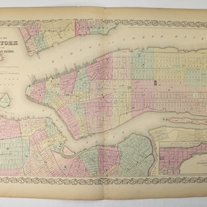 1856 Antique Hand Colored Street Map of Lower New York City Brooklyn Manhattan NYC Bowery Broadway Madison Square Williamsburg Greenpoint